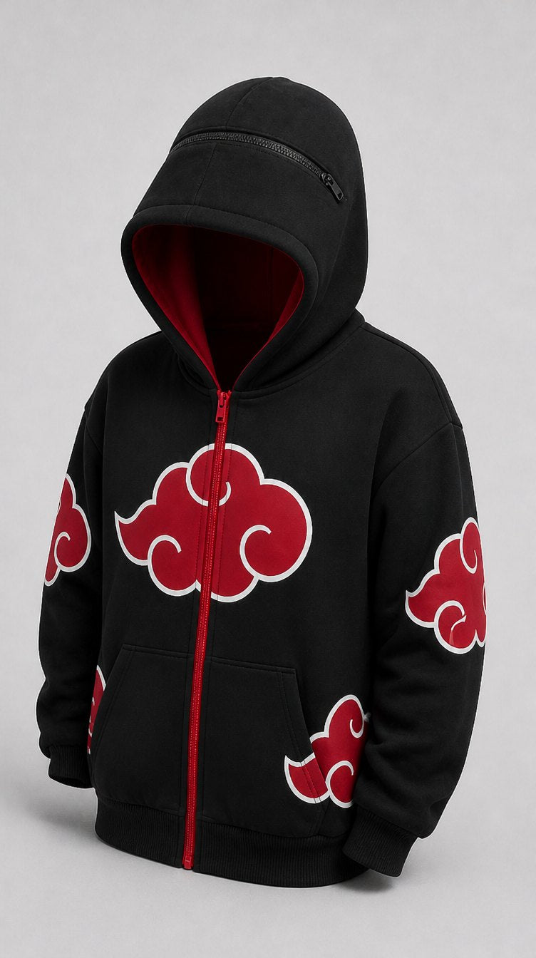 CLOUDHOOD AUDIO headphone hoodie with crimson clouds, hood up