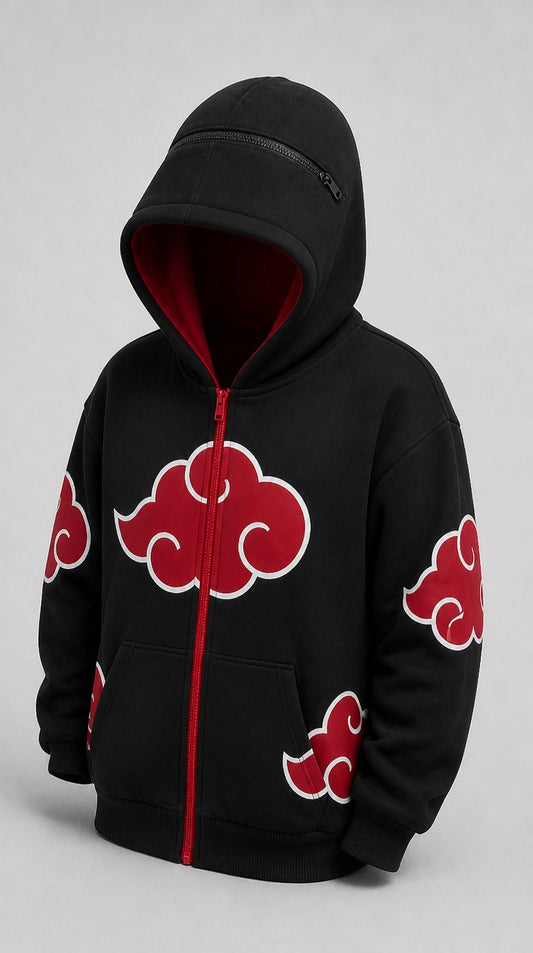 CLOUDHOOD headphone hoodie with crimson clouds, hood up