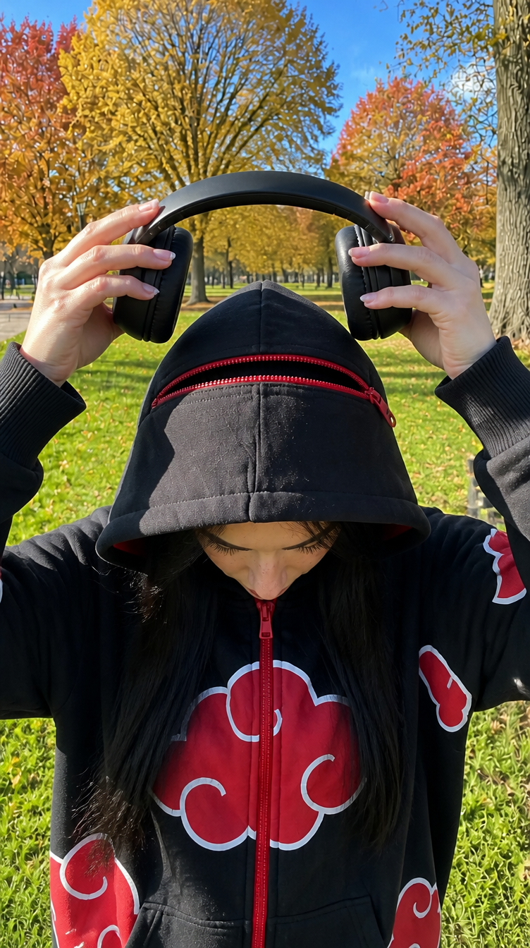 Sliding over-ear headphones into the zip pocket across the top of the hood